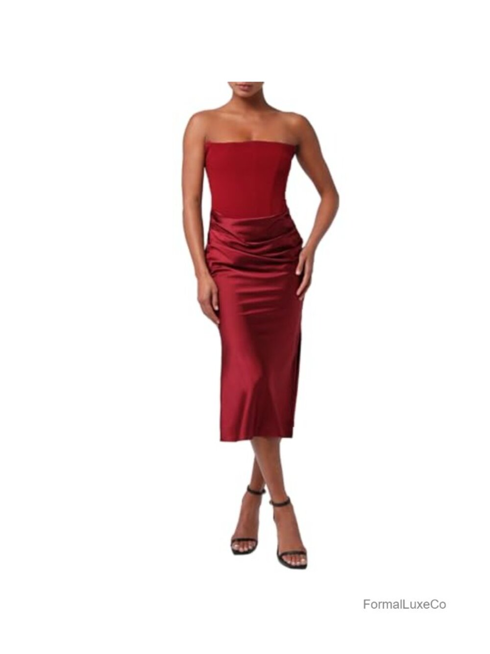 Lulus Strapless Corset Midi Dress Satin Draped Cocktail Party